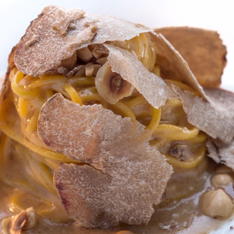 Tagliolini with truffle sauce and hazelnuts